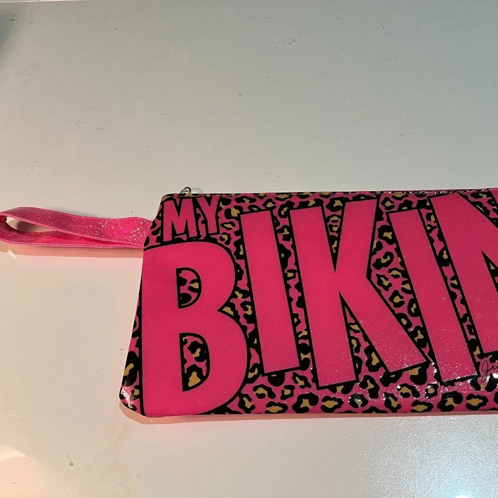 NWT Justice adorable pink lepoard sparkly bikini bag with zipper